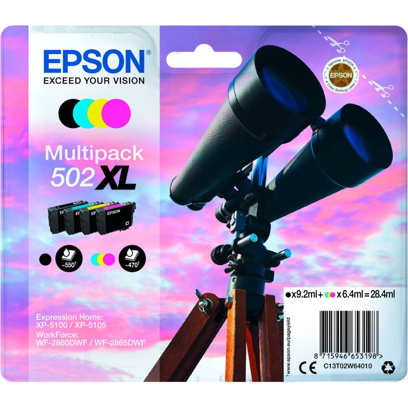 Epson 502XL Pack de 4 cartouches haute capacité 1 noir et 3 couleurs pour imprimante jet d'encre