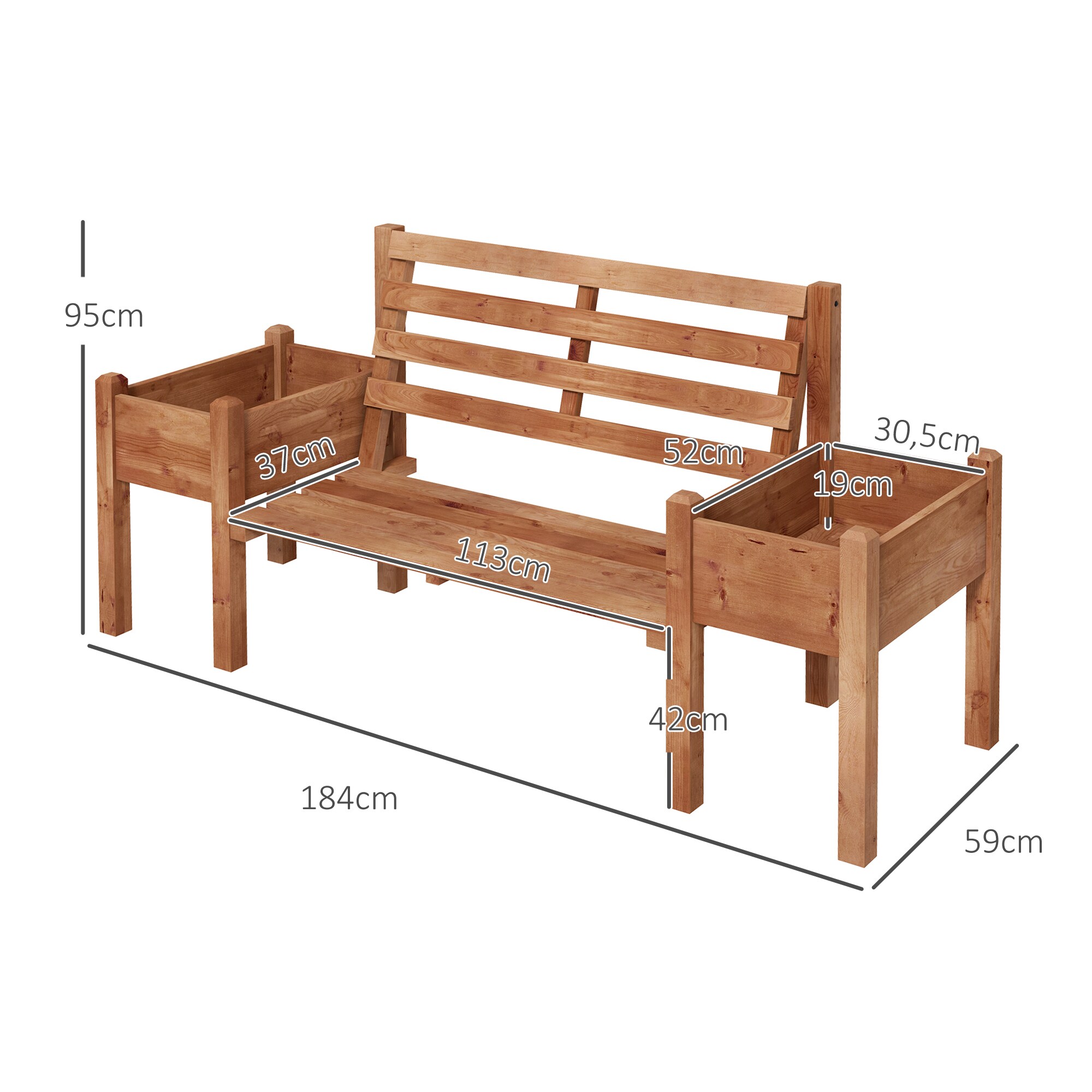 Outsunny Gartenbank mit 2 Blumenkästen braun 184L x 59B x 95H cm
