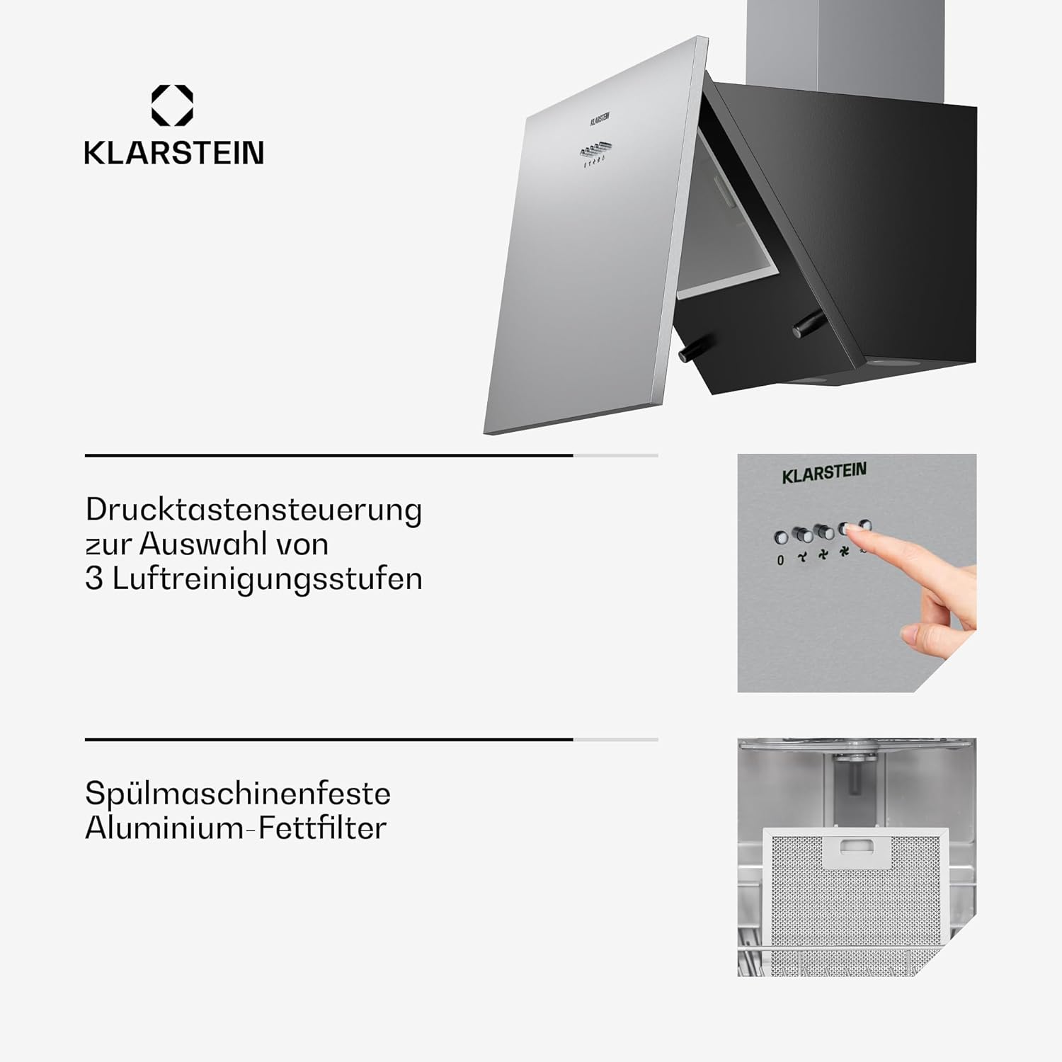 Klarstein Silver Lining - Dunstabzugshaube Kopffreihaube, EEK A, Umluft- oder Abluftbetrieb, 3 Leistungsstufen, Touchcontrol, Schräghaube, Wandhaube, 600 m³/h, 60 cm, hellsilber