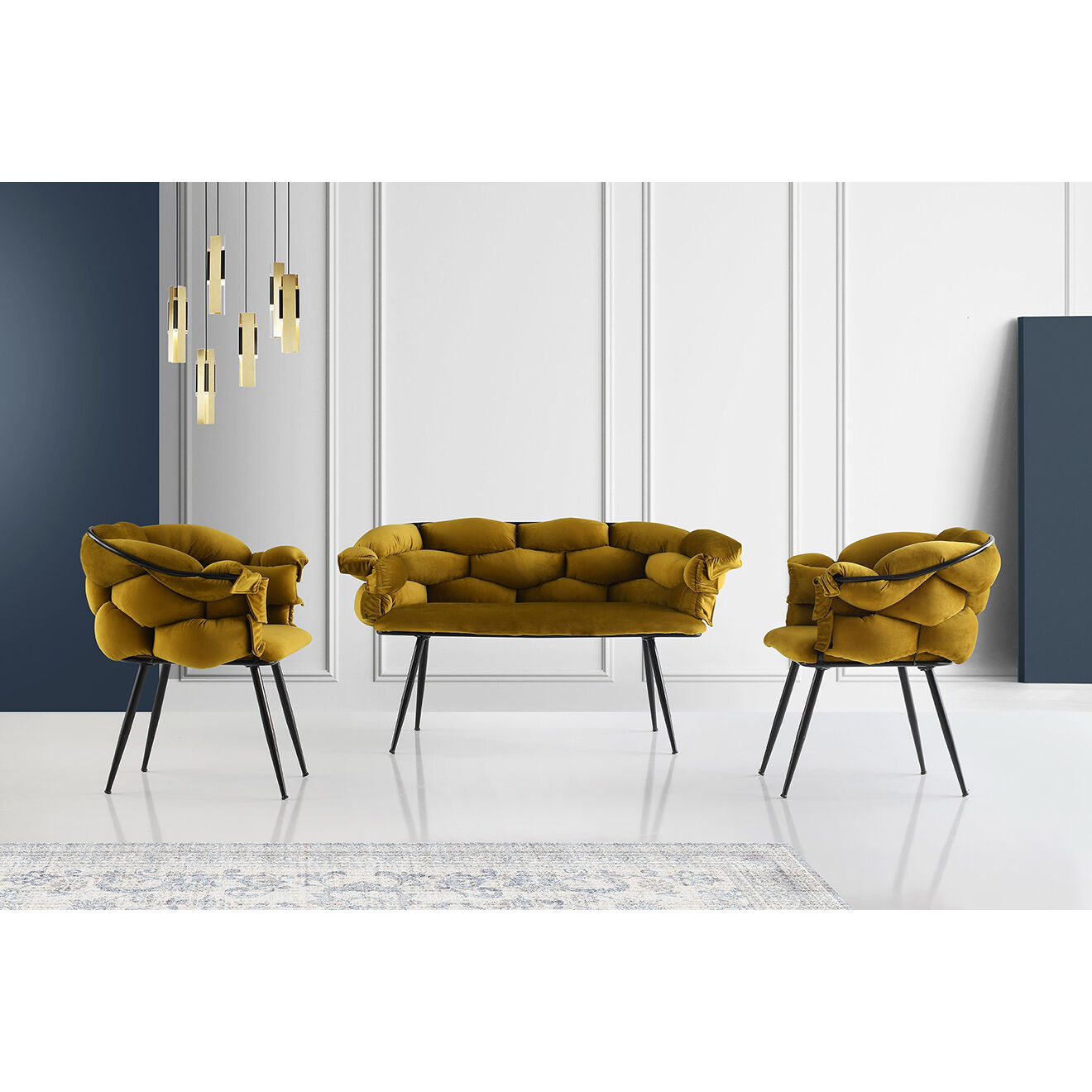 Wooden Art Canapé + 2 Chaises Balon ocre/noir
