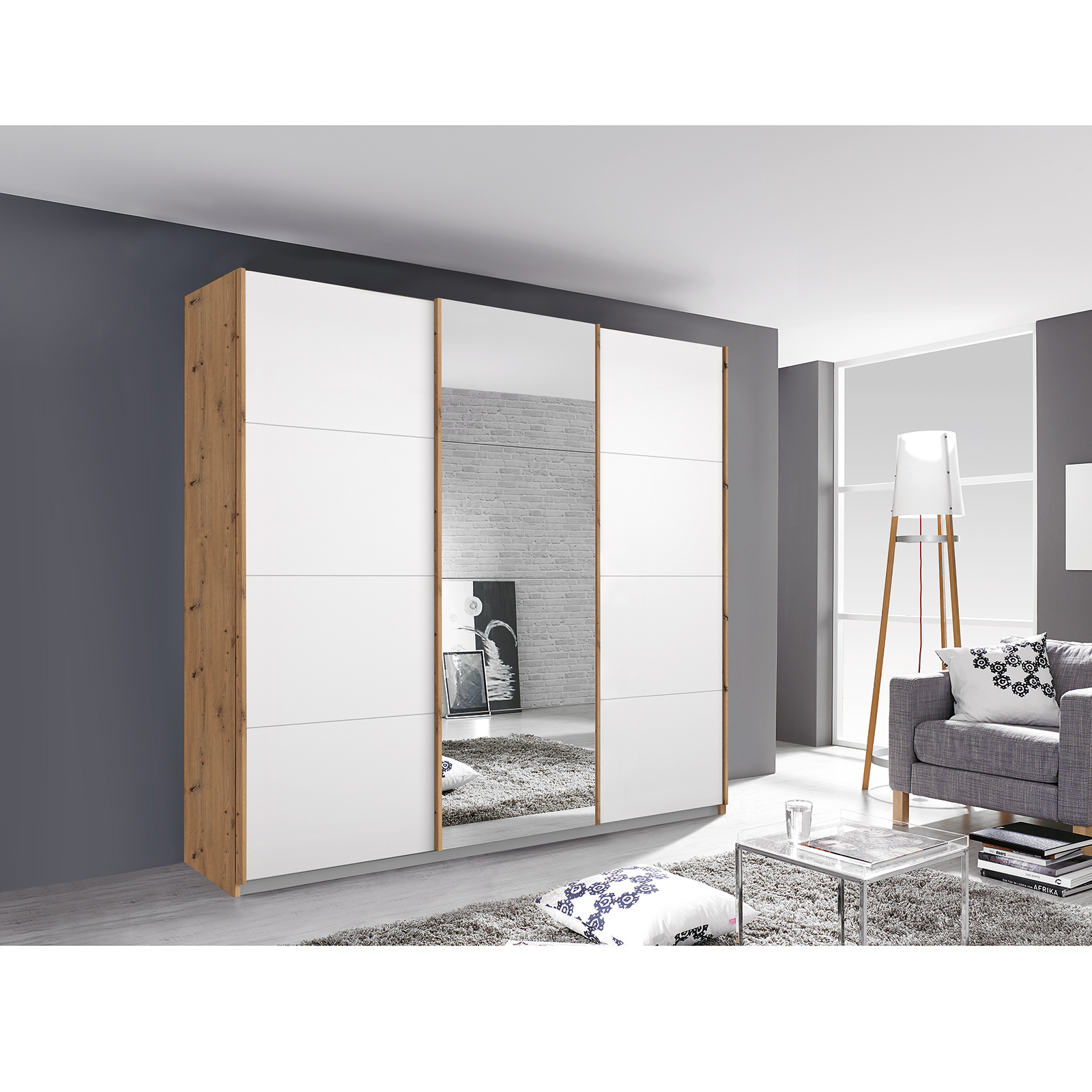 Schwebetürenschrank - Eiche Artisan - weiß - mit Spiegel - 203x210 cm-hallo