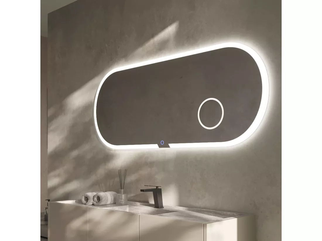 Miroir Salle de Bain INDIANA - 100x60cm - T° Led Frontal Variable - Anti-Buée & Zone Grossissant X3 - LEDIMEX
