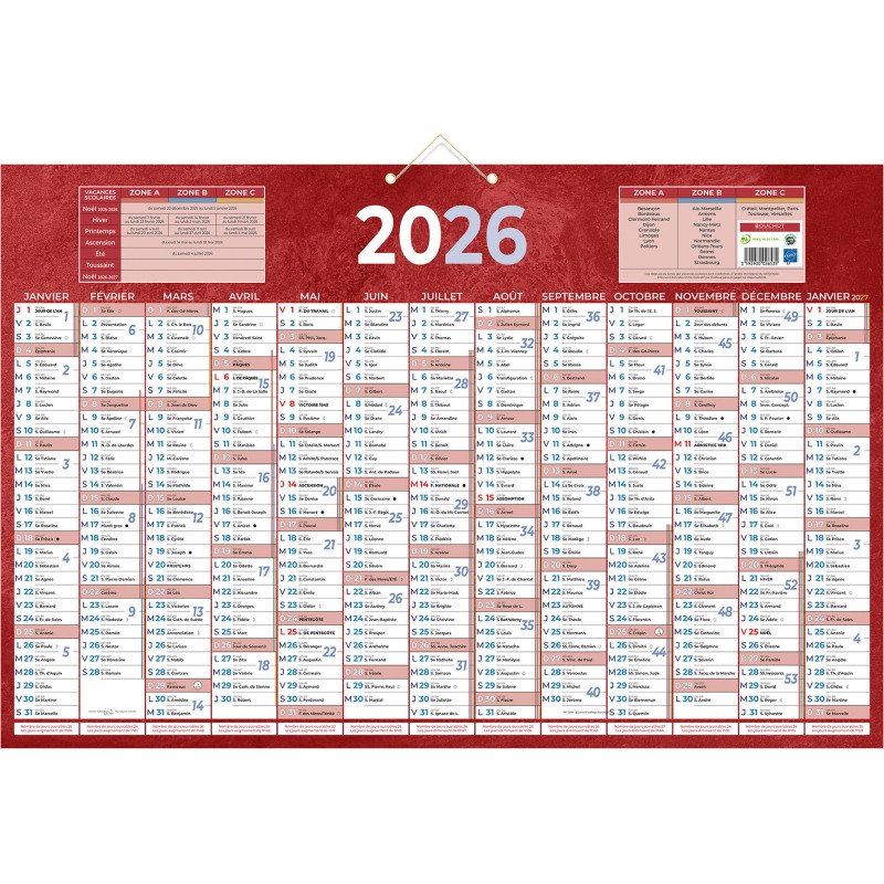 Calendrier annuel mural année 2027 - 13 mois recto / blanc verso - 43 x 65 cm