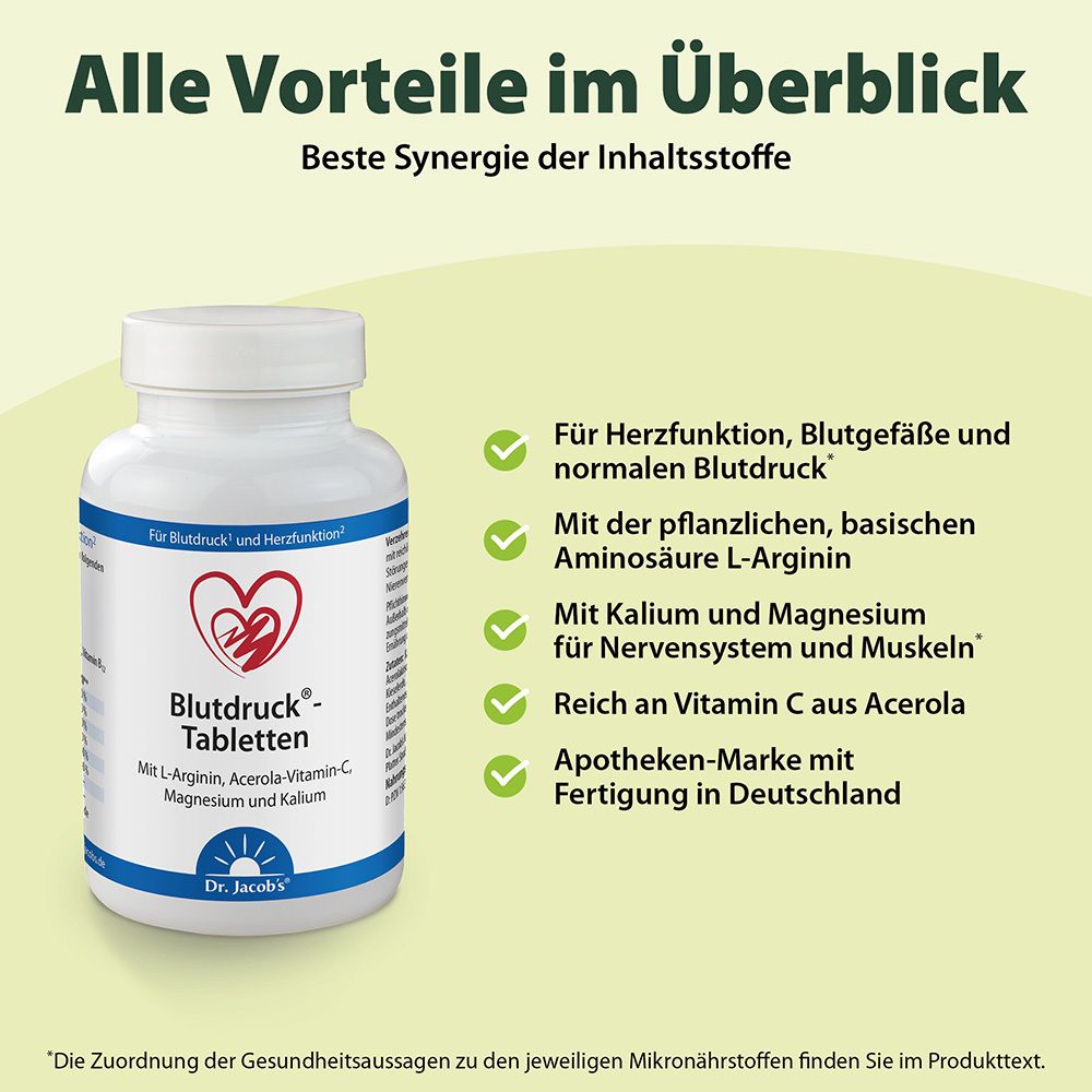 Dr. Jacob's Blutdruck-Tabletten L-Arginin Acerola-Vitamin-C Magnesium Kalium