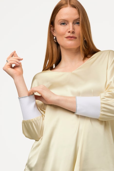 Bluse, Satin, V-Ausschnitt, 3/4-Fledermausärmel