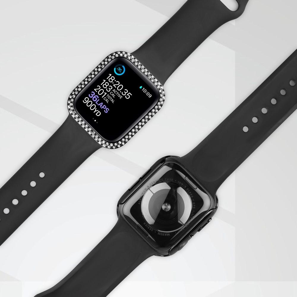 Apple Watch (44mm) Hardcase Glitzer Strass Bumper Hülle mit Display Schutzglas - Schwarz