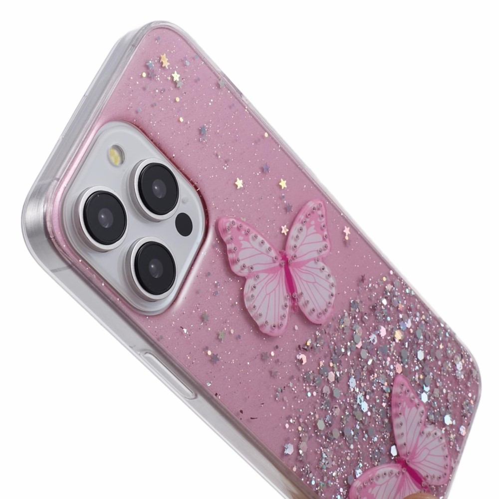 iPhone 16 Pro Max Hybrid Hardcase Schutzhülle im Glitzer Design Schmetterling - Rosa / Transparent