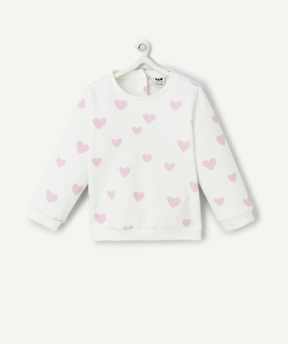 sweat manches longues bébé fille en fibres recyclées blanc imprimé coeurs