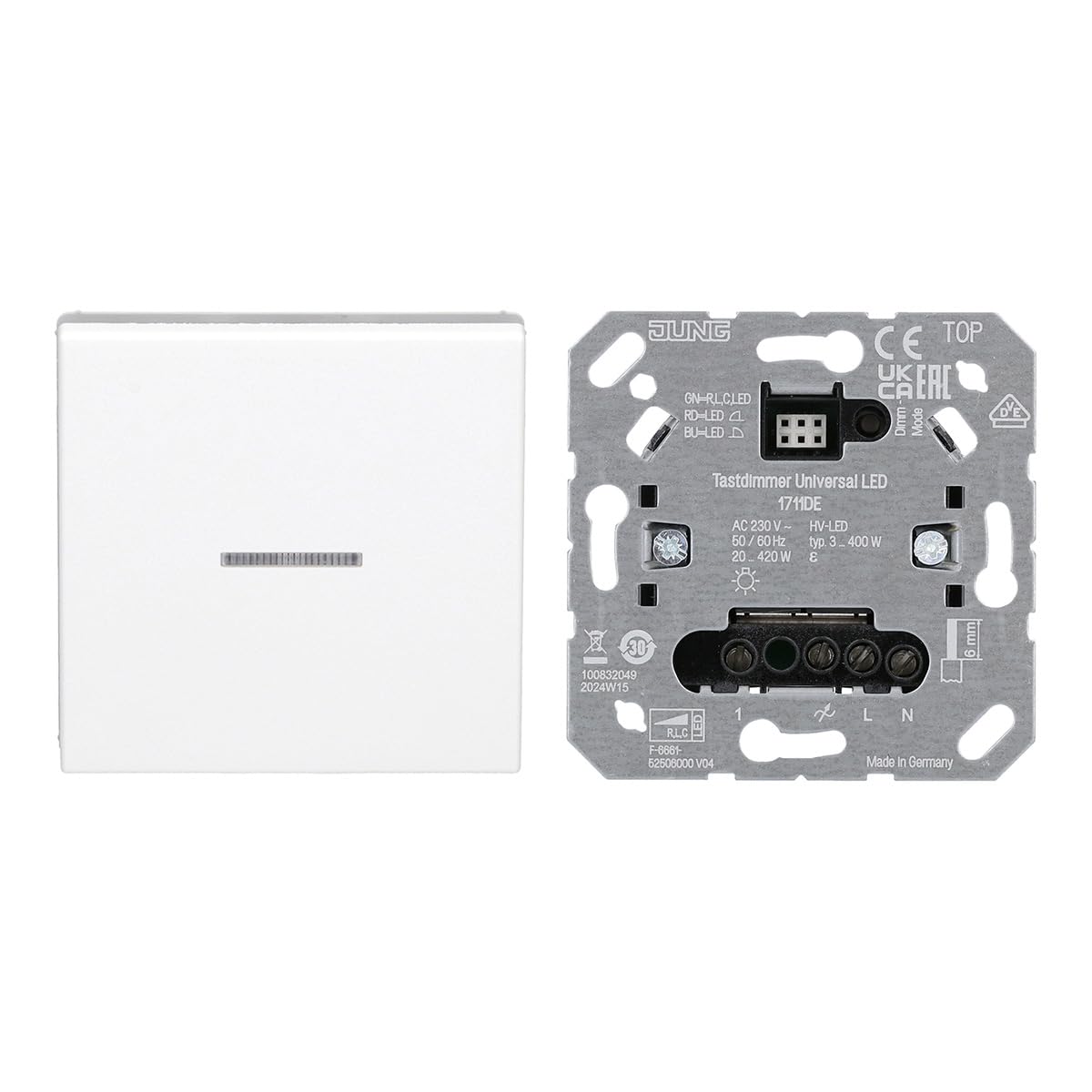 Jung Home Tastdimmer 1711DE Tastdimmer Universal LED + BTA17101WW Taster Wippe 1-fach Alpinweiß Serie A