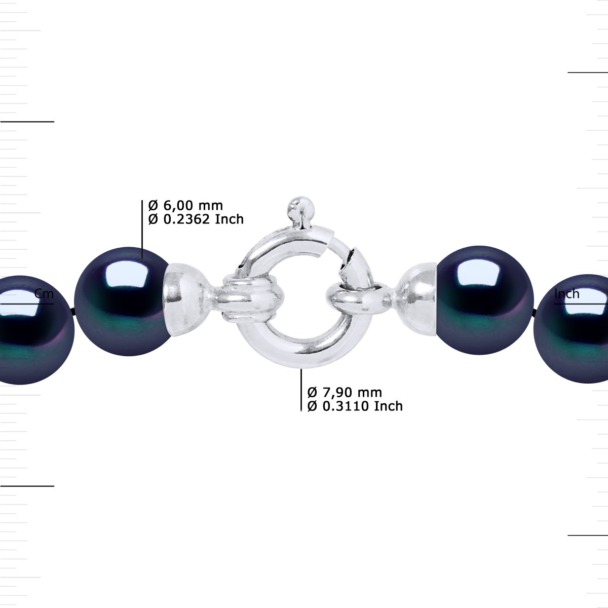 Collier Rang PRINCESSE Perles d'Eau Douce Rondes 6-7 mm Noires Fermoir Prestige Or Blanc