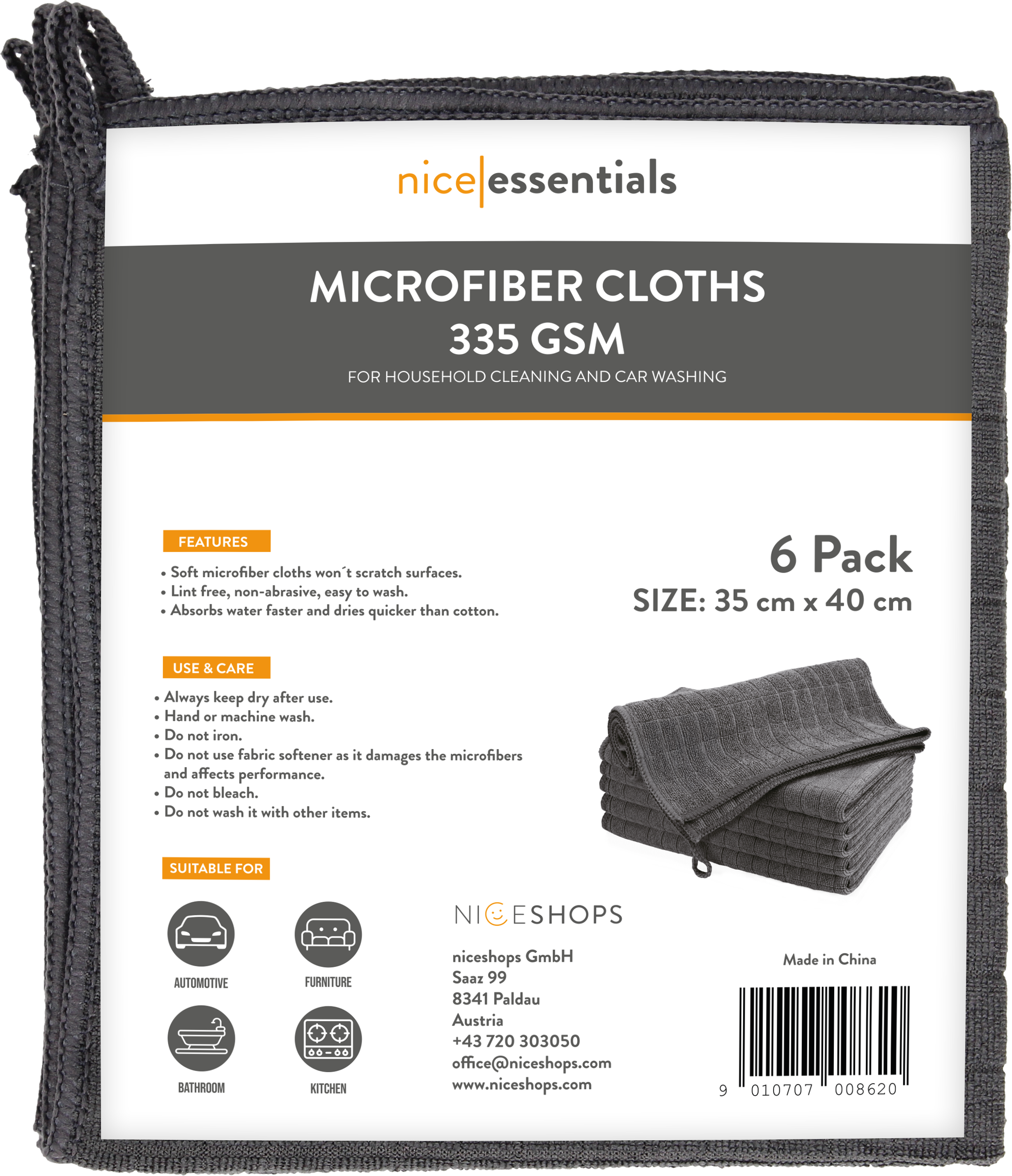 nice essentials  Mikrofaser Reinigungstücher 35 x 40 cm Set, 6 Stk    Ultraweiche & hochsaugfähige Reinigungstücher