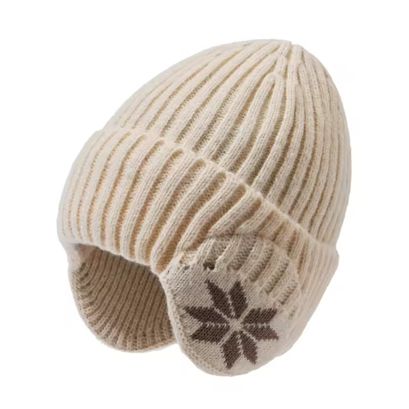 Unisex Strickmütze Ohrenwärmer Winter Mütze Schneeflocken Design (One Size) - Beige