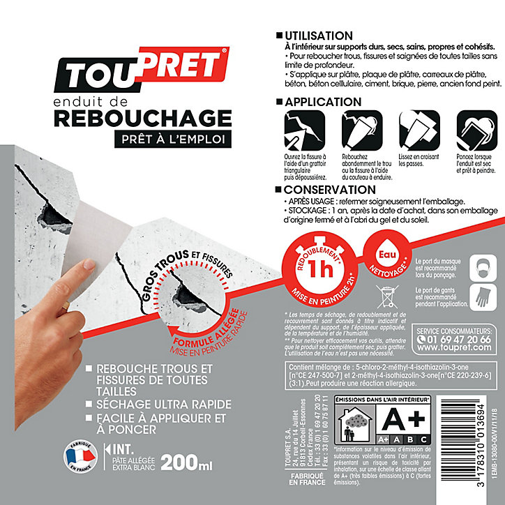 Enduit de rebouchage prêt à l'emploi gros trous et fissures Toupret 200ml