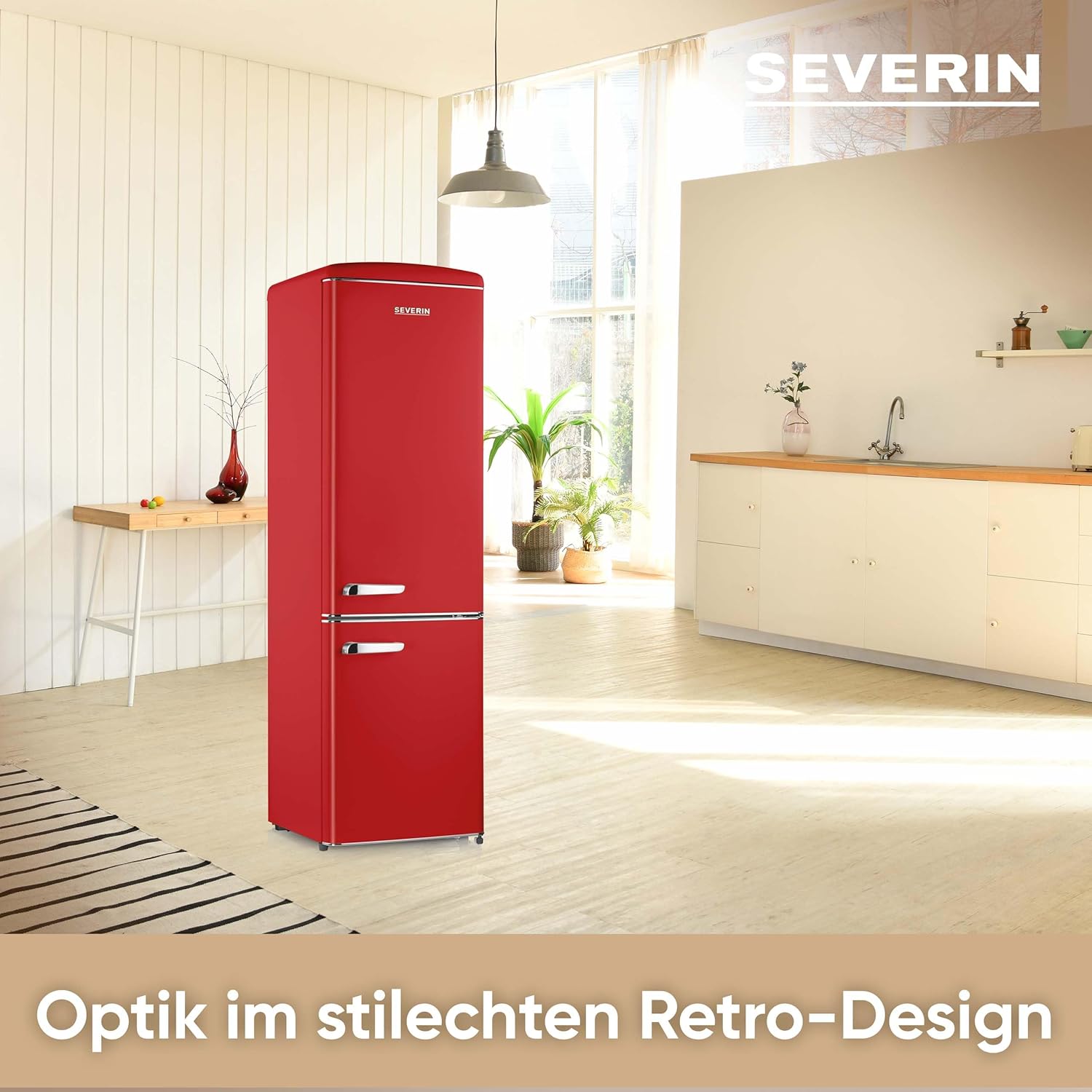 SEVERIN Retro Kühl- & Gefrierkombination, Kühlschrank im Retro-Design mit Chrom-Applikationen, LED-Beleuchtung, 1-7°C, 244 L Nettovolumen, nur 39 dB, rot, RKG 8917 [EEK D]