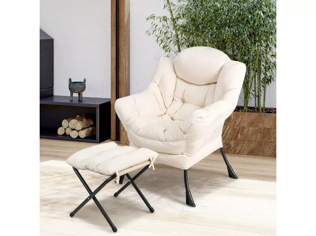 Fauteuil Salon Scandinave avec Repose-Pieds, Fauteuil Relax avec Oreiller et Poche Latérale, Fauteuil Chambre Confortable pour Lecture, Cadre en Métal pour Charger de 150 KG, Beige