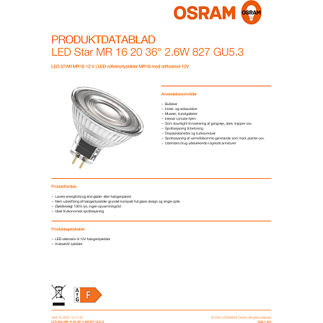 Osram LED spotpære 2,9W - varmt hvidt lys