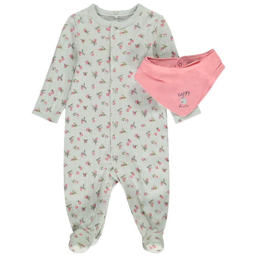 Ensemble dors-bien imprimé + bavoir bandana pour bébé fille avec ouvertures différentes selon l'âge - Vert