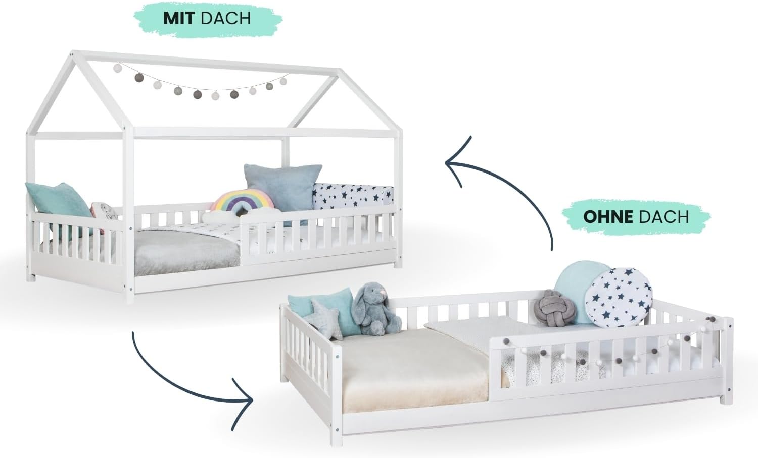 TiCAA 2 in 1 Bodenbett wandelbar mit abnehmbaren Dach 90x200 cm, 100x200 cm, 120x200 cm, 140x200 für Jungen & Mädchen, inkl. Rolllattenrost, Rausfallschutz variabel, weiß aus Kiefer Massivholz