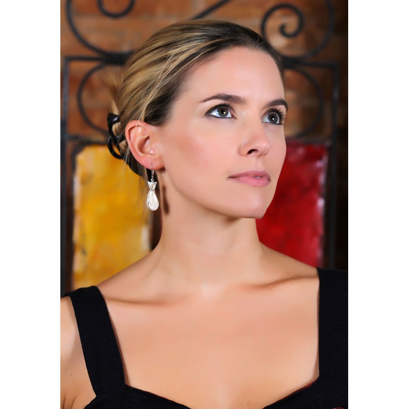Boucles d'Oreille Chat Nacre Blanche en Argent 925-000