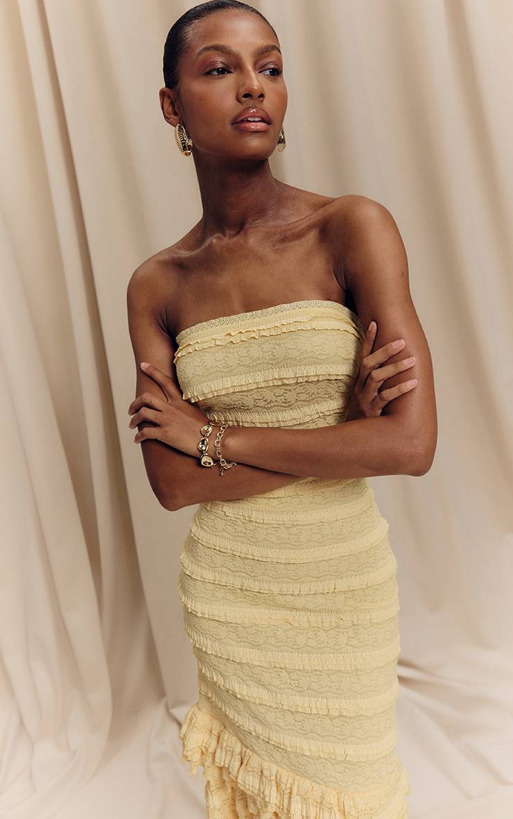 Citron Robe Mi-longue À Volants Superposés En Dentelle Texturée