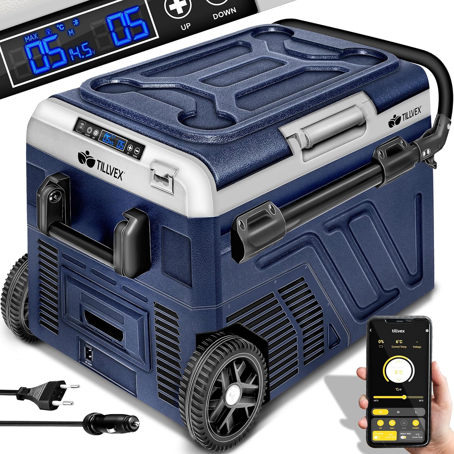 tillvex® Kompressor Kühlbox elektrisch 40-60 Liter | Elektrische Gefrierbox WIFI-APP-Steuerung 12/24 V 230V | Kühlschrank bis -20 °C für Auto, Lkw, Camping (Navyblau, 50 Liter)