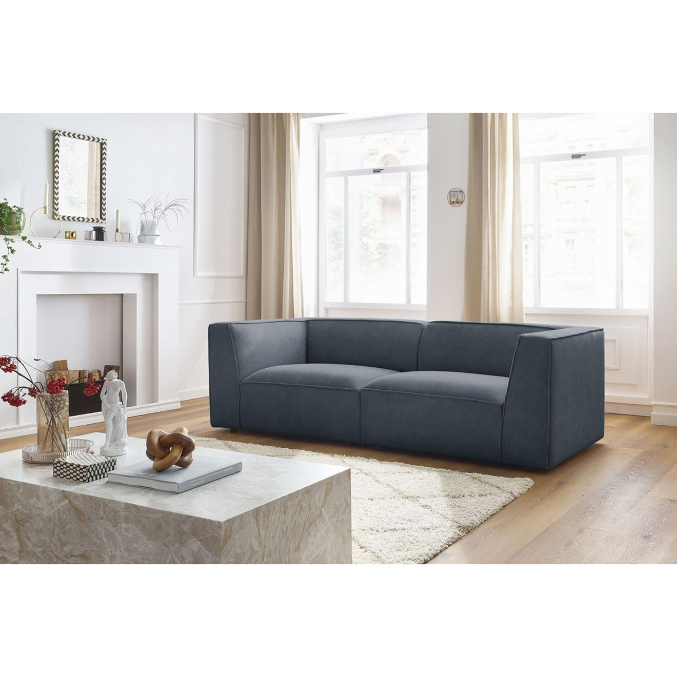 Bobochic Canapé droit fixe 3 places en Velours Molière gris foncé - 233x99x71 cm