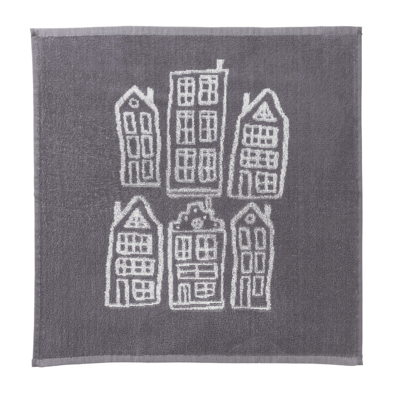Handdoek antraciet huisjes - antraciet/wit - 50x50 cm