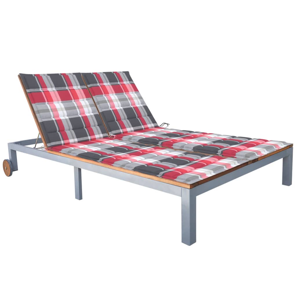 Transat chaise longue bain de soleil lit de jardin terrasse meuble d'extérieur 2 places avec coussin acacia solide et acier 0