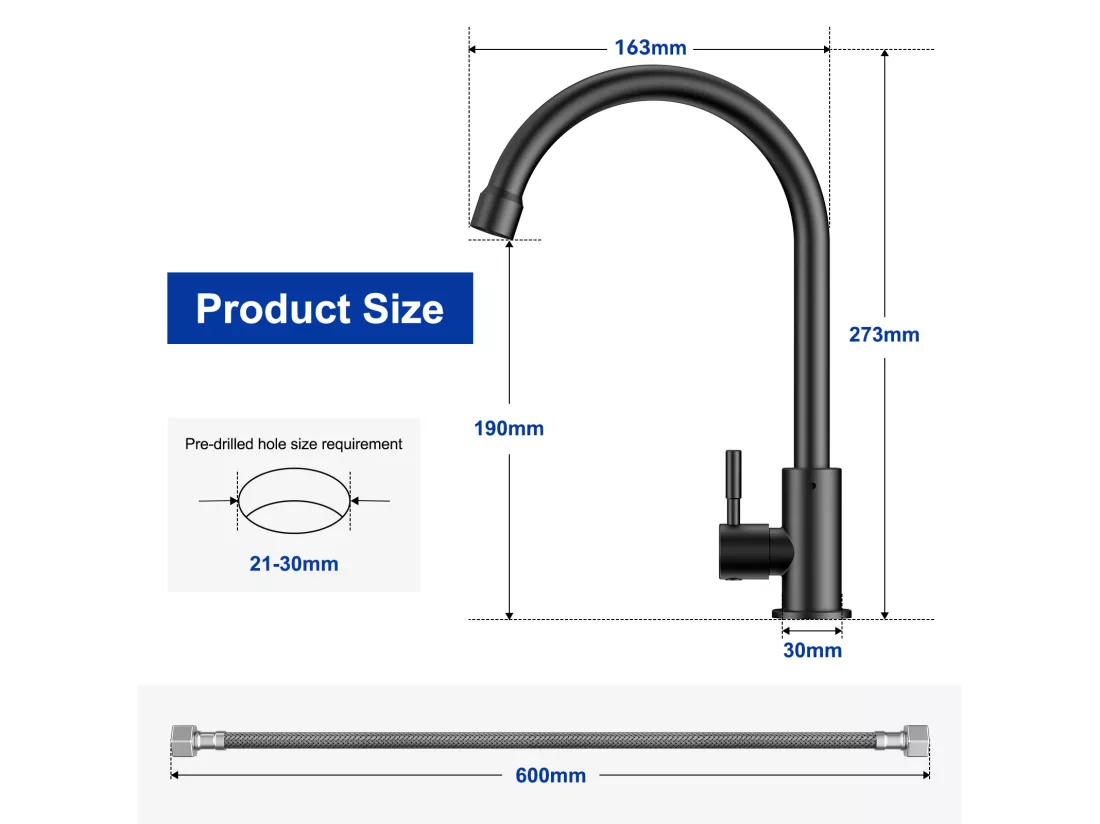 Cecipa max Robinet de Cuisine Noir - Robinet d'évier de cuisine à eau froide - Acier inoxydable 304,EU Modèle