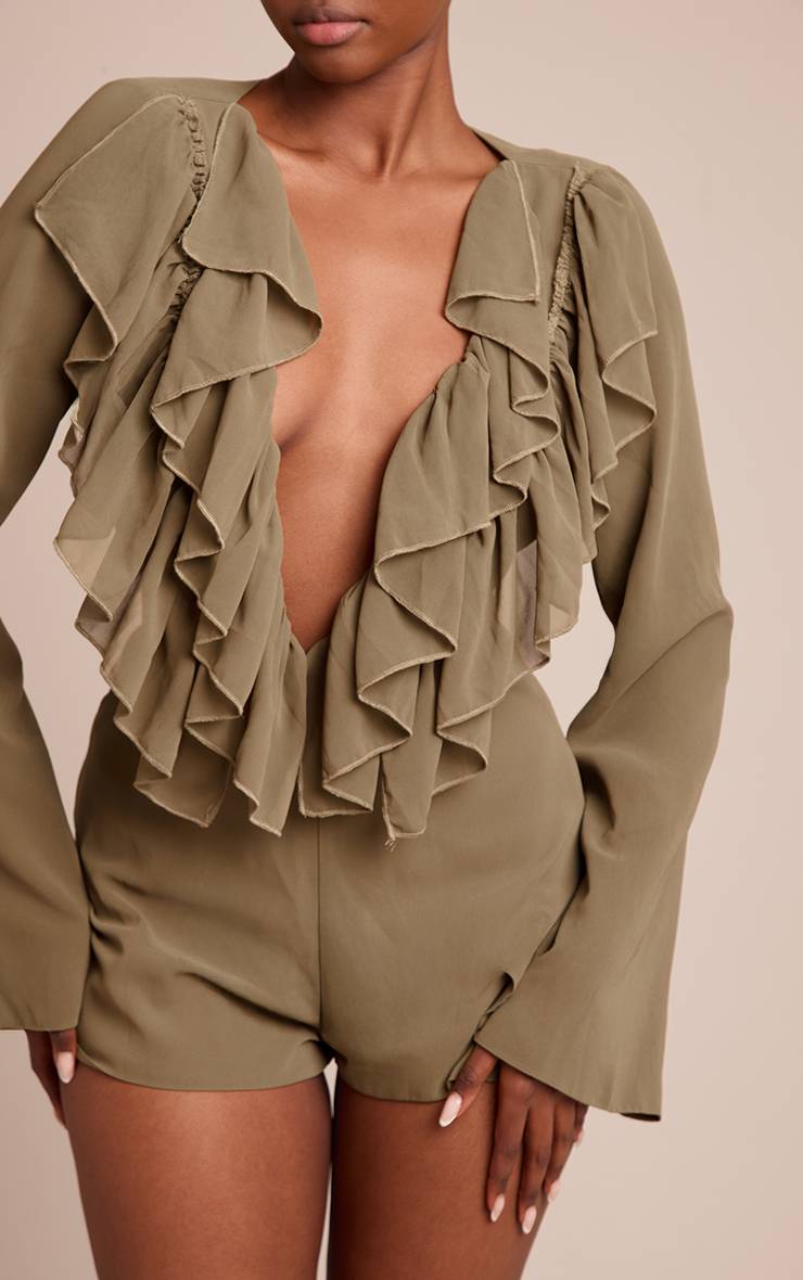 Vert Olive Combinaison-short Col V À Détails Volantés