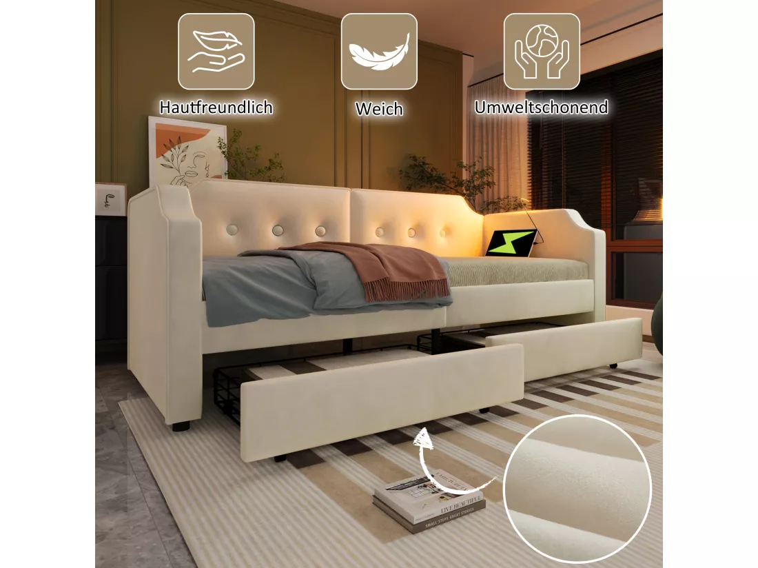Canapé-lit rembourré 90x200 cm, avec liseuse USB Type-C, avec 2 tiroirs de rangement, beige (sans matelas).