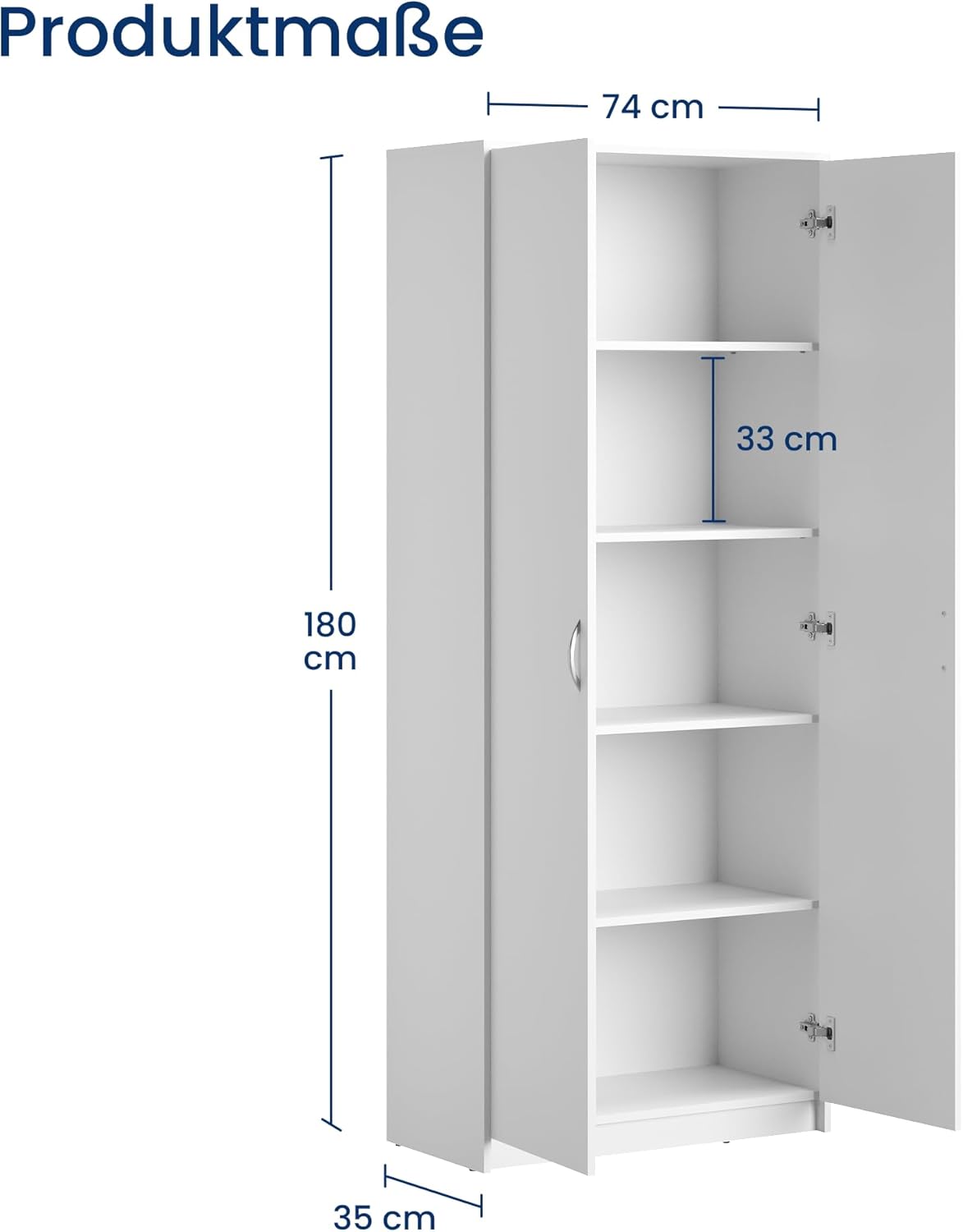 Home Collective Schrank Mehrzweckschrank Aktenschrank Hochschrank mit 5 Fächern, 2 Türen, 74x35x180 cm, vielseitig einsetzbar für Büro, Flur, Küche, Hauswirtschaftsraum, stabil & pflegeleicht | weiß