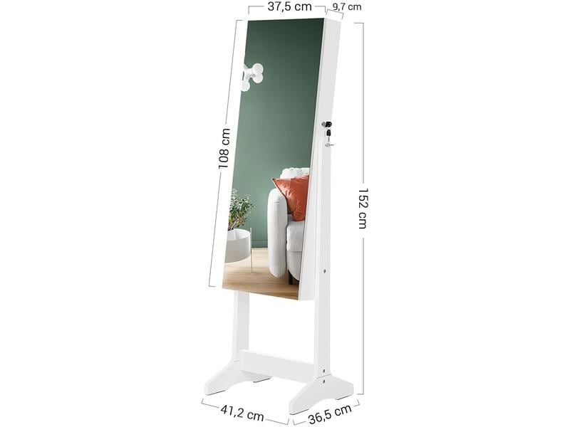 Songmics Schmuckhalter mit Spiegel 152 cm, Weiss Schmuckschrank stehend