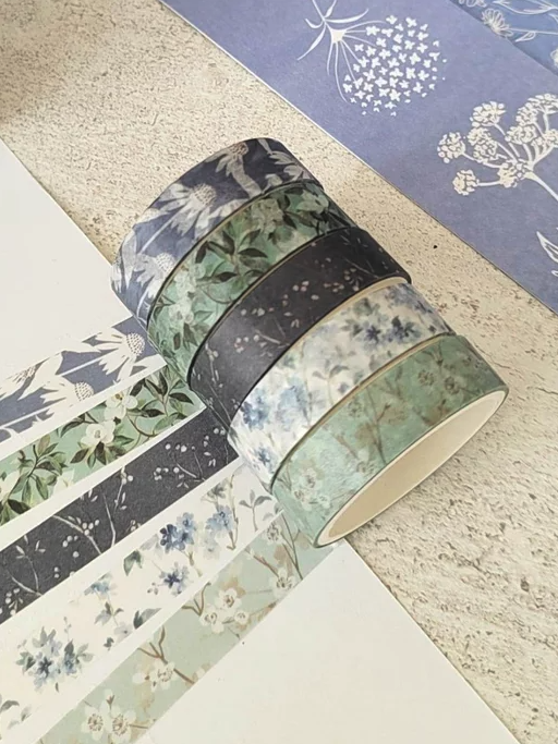 (5er Set) Blumen Washi Tape Deko Klebeband Bastel Masking Tape - Grau / Blau / Grün