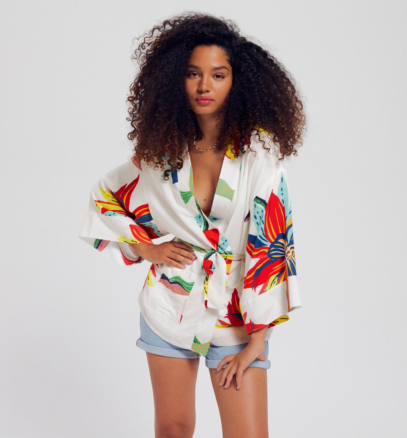 Veste kimono en satin Femme - Imprimé écru