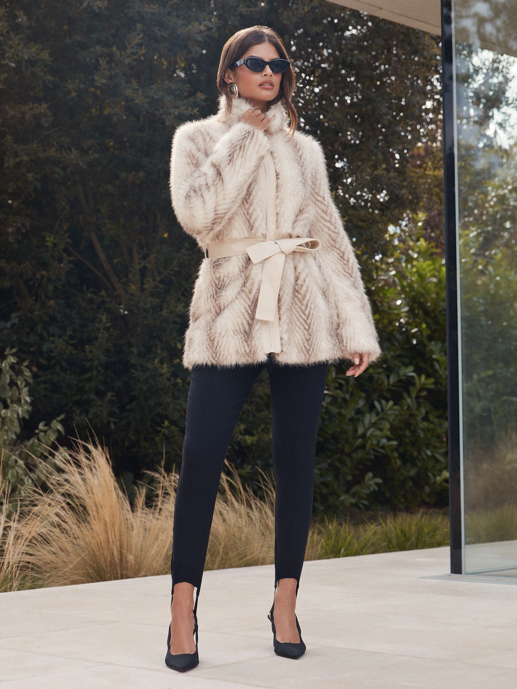 Crème - Lipsy Faux Fur and Faux Leather Mix Belted Coat