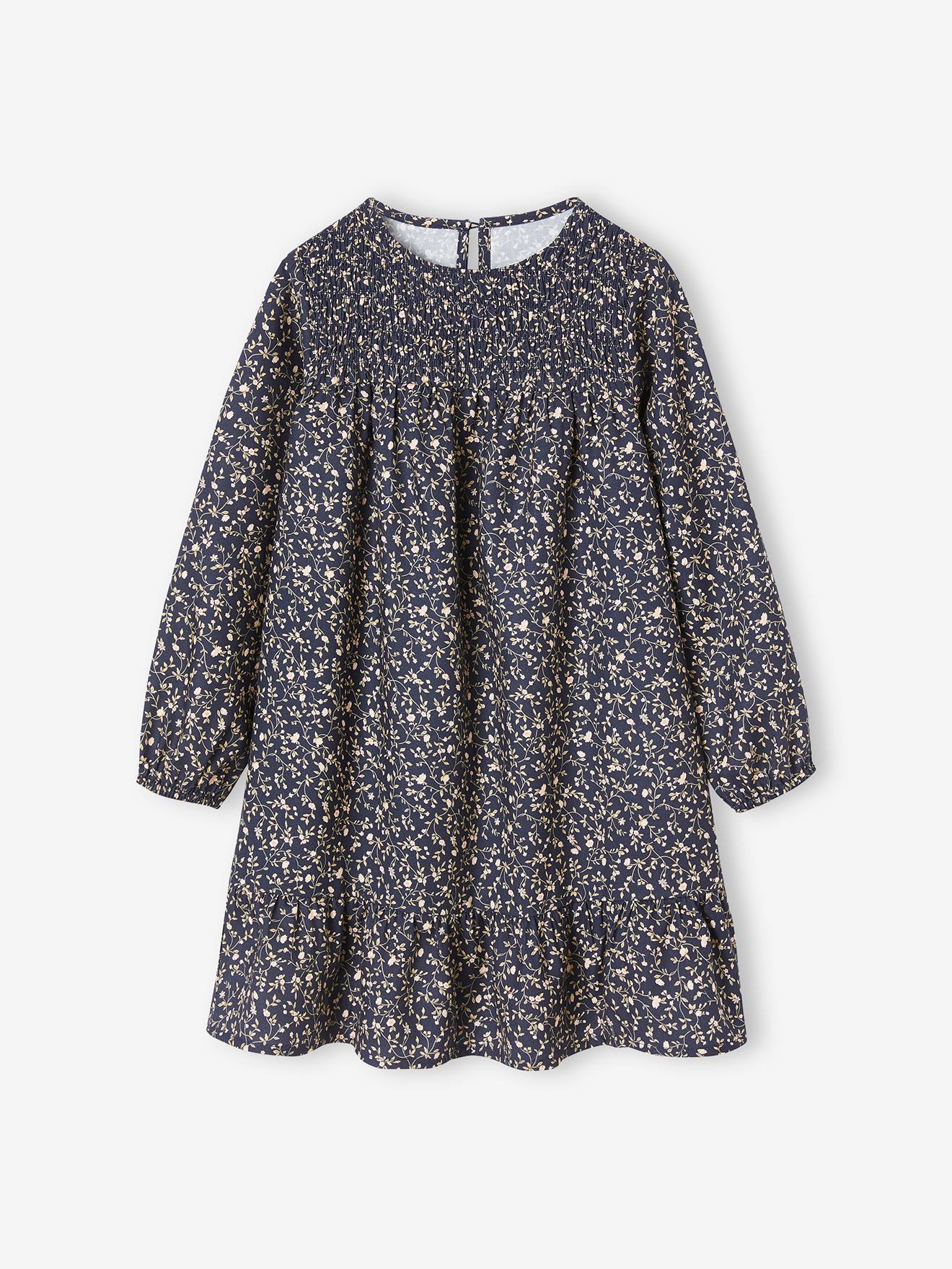 Vestido azul-marinho de mangas compridas com detalhes franzidos e motivos florais para meninas.