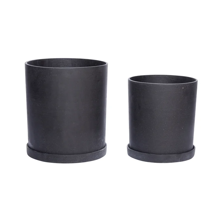Hübsch Interior - Pflanztopf mit Untersetzer, mittelgross / schwarz (2er-Set)