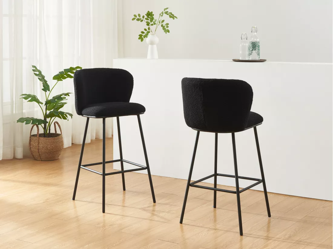 Lot de 2 tabourets de bar en tissu bouclette et métal - Noir - SENORASE