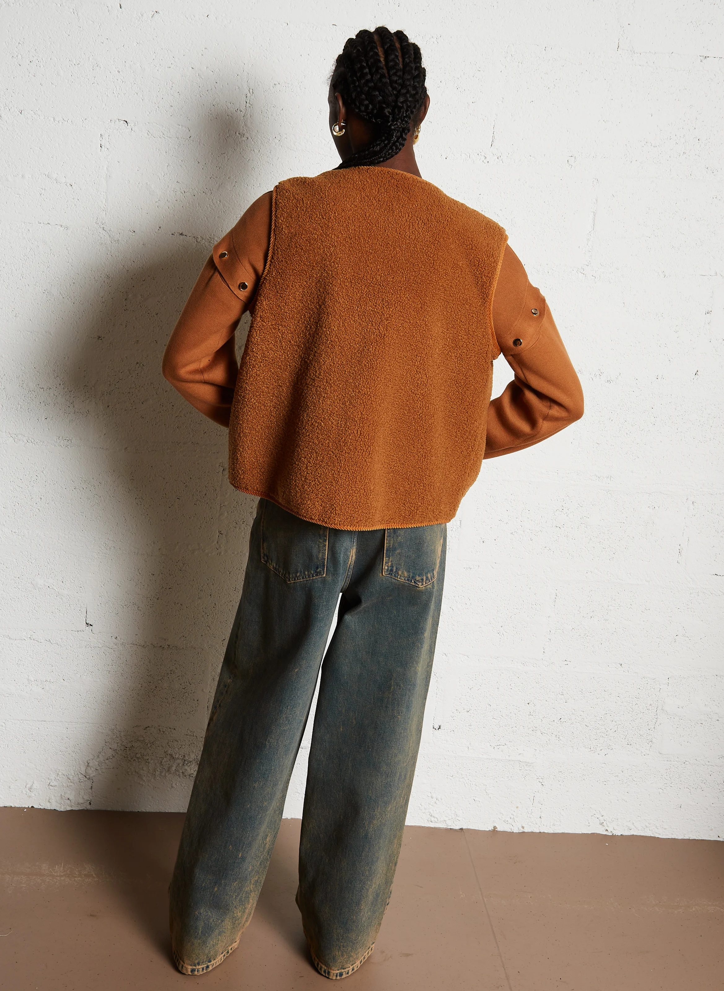 GEOFFROY - Veste col rond ample en fourrure synthétique | Marron