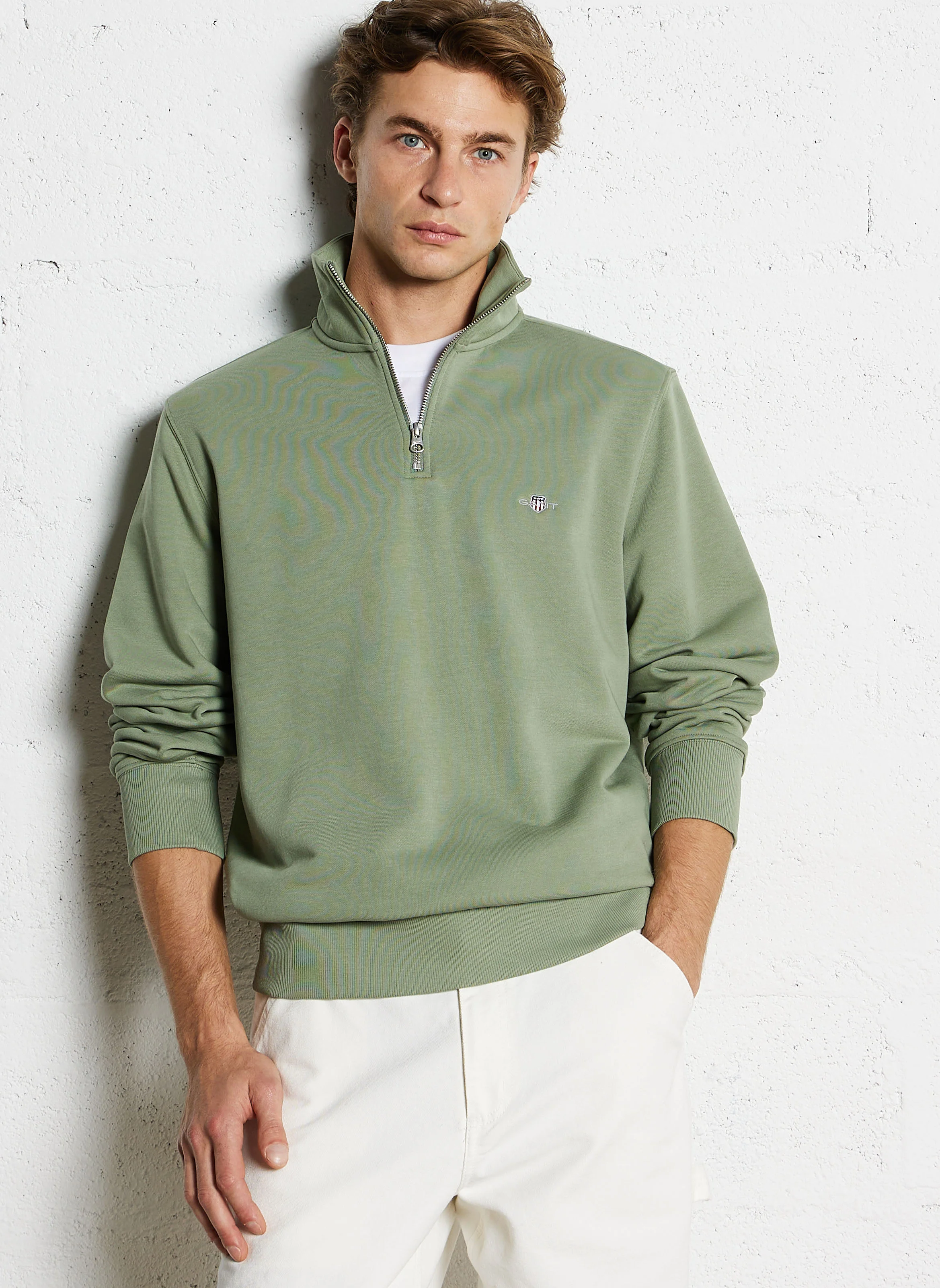 Pull col zippé en coton mélangé | Vert