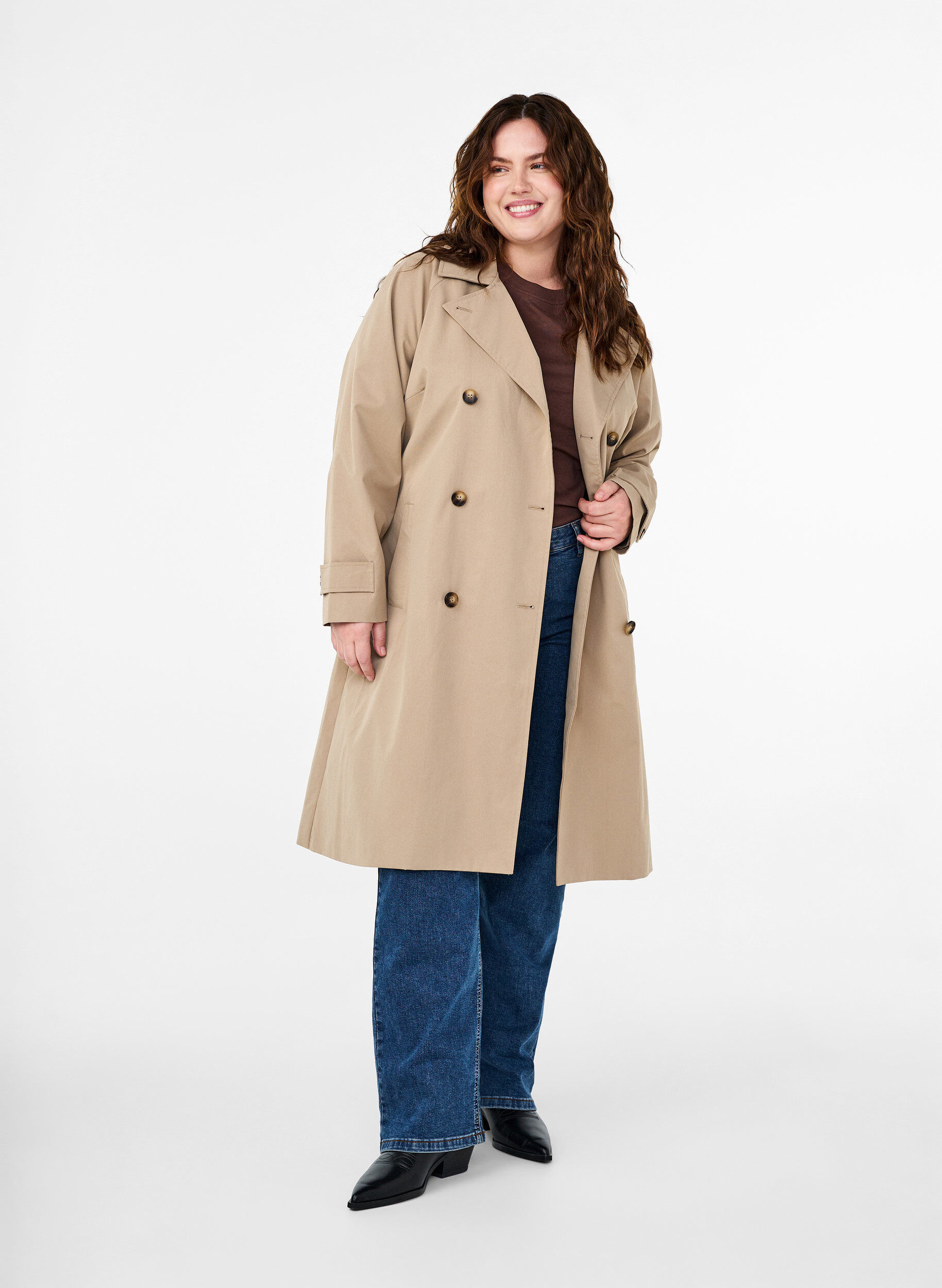 Klassisk lang trenchcoat med bælte