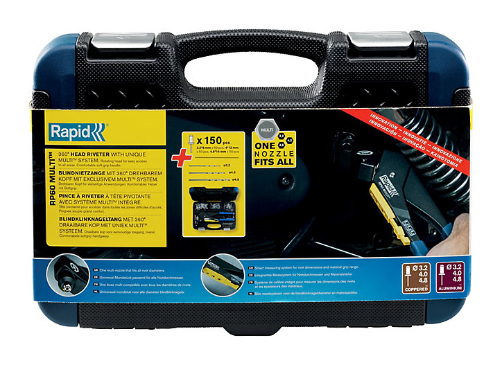 Pince à riveter Rapid RP60 multi + 150 rivets + 3 forets, Coffret