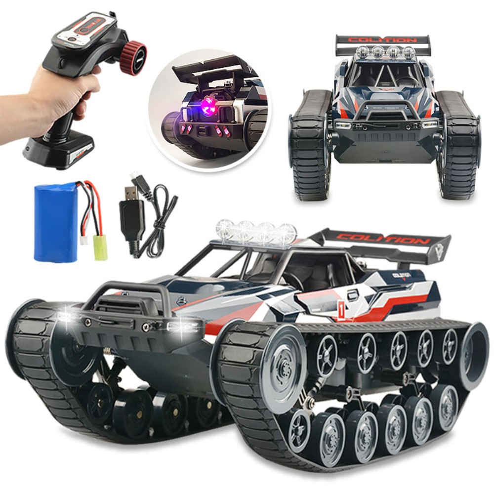 Ferngesteuertes 2.4GHz RC Spielzeug Raupenfahrzeug mit Fernsteuerung   Sprühnebelfunktion und Beleuchtung - Schwarz