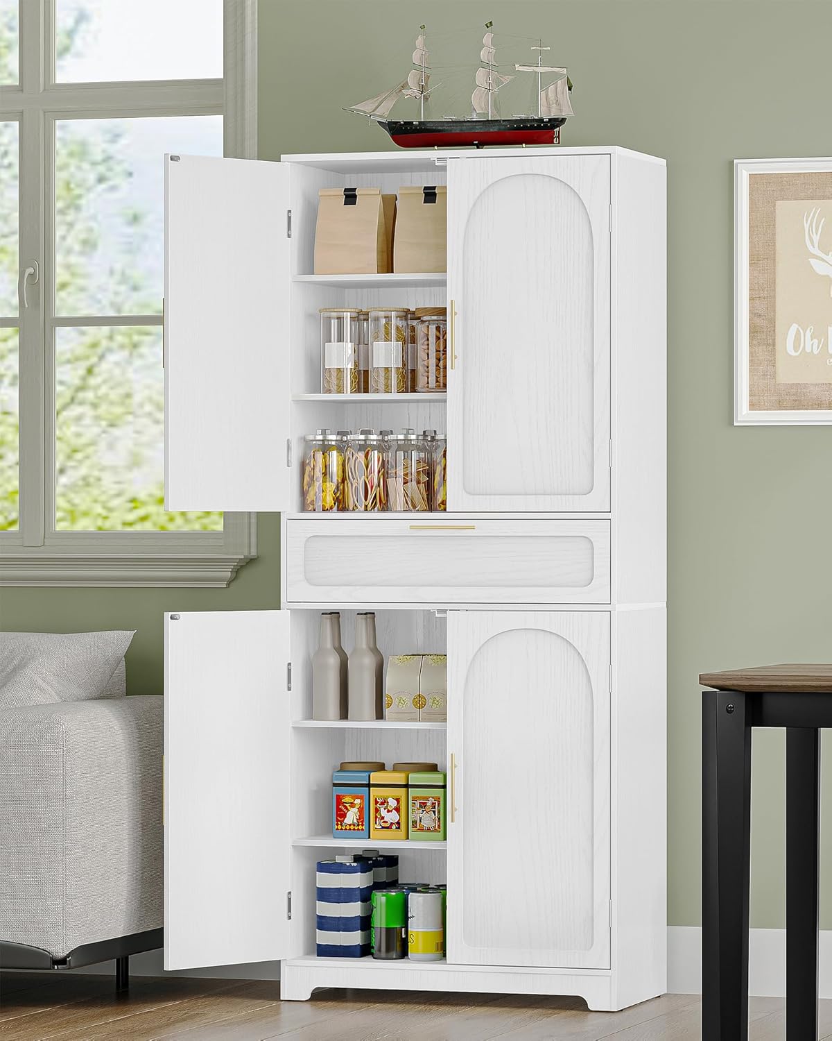 Hzuaneri Küchenschrank, Hochschrank mit 4 Türen, Sideboard mit 1 großen Schublade, Buffetschrank, Esszimmerschrank, Verstellbaren Ablagen, für Esszimmer, Küche, Wohnzimmer, Weiß PT18103X