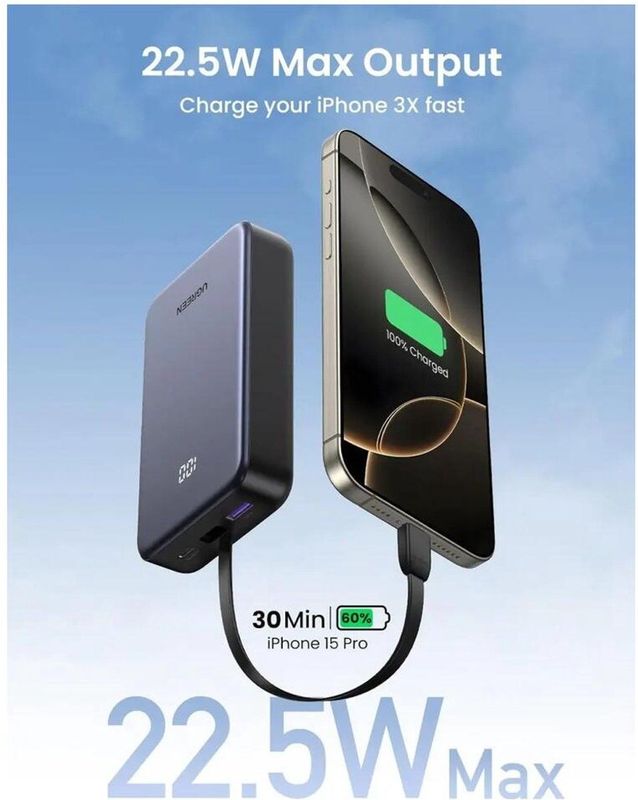 UGREEN - Power Bank - 20000mAh - 22.5W - Met Geïntegreerd USB-C-kabel - USB-C en USB-A