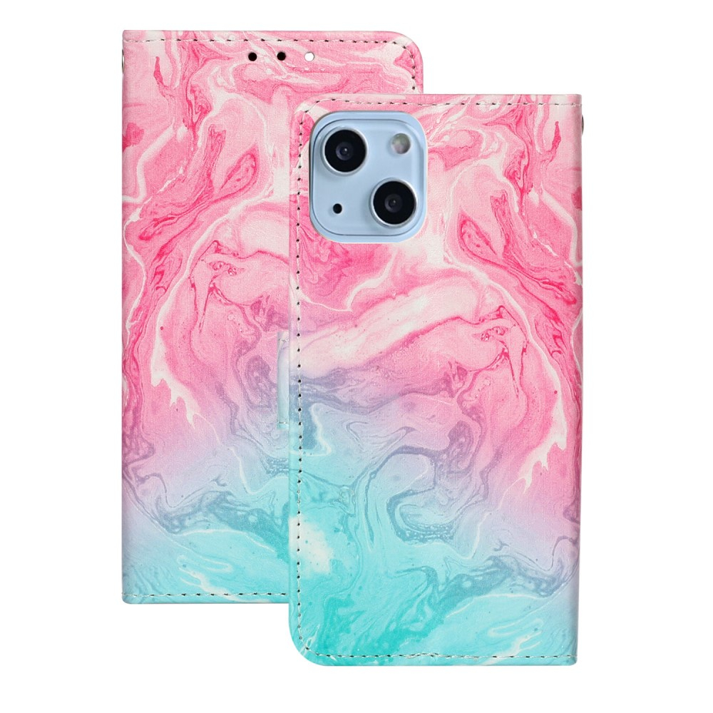iPhone 13 Leder Tasche Flip Cover Marmor Marble - Rosa / Türkis