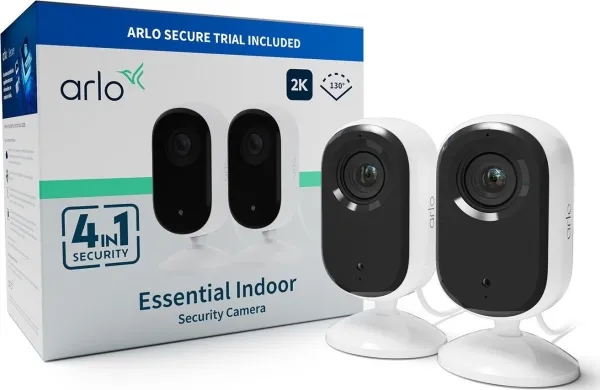 Arlo Essential Indoor 2K - Netværksovervågningskamera - indendørs - farve (Dag/nat) - 4 MP - 2560 x 1440 - audio - trådløs - WiFi - med Arlo Secure Plan (Trial) (pakke med 2)