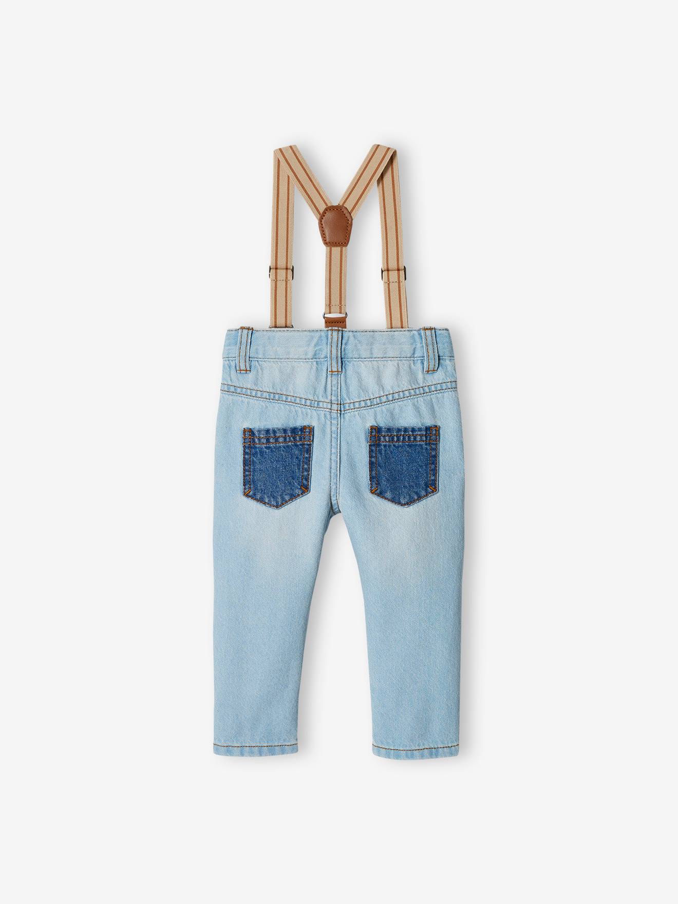 Calça jeans infantil com suspensórios removíveis, jeans desbotado