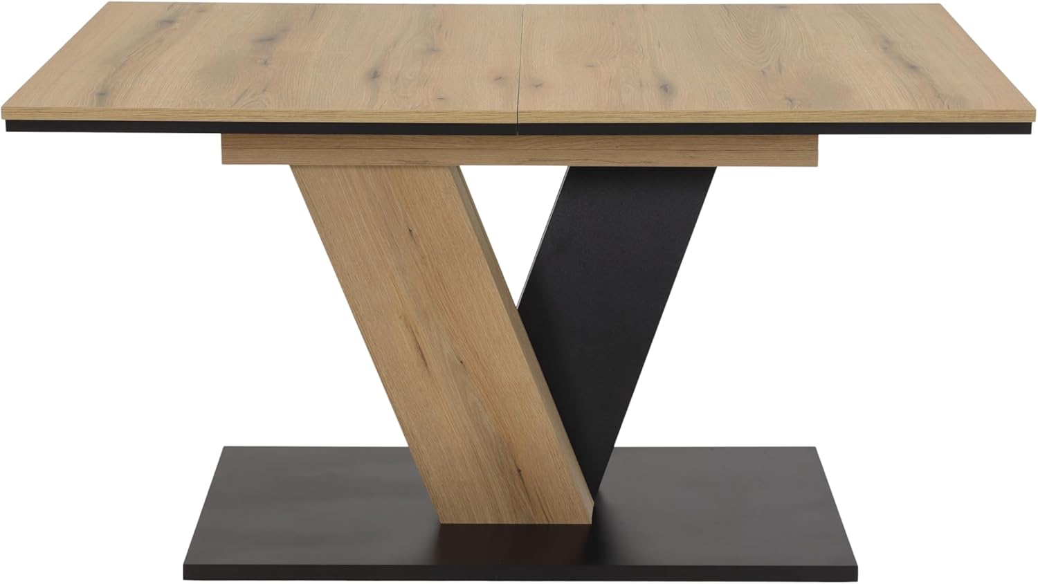 Hela Tische, Esstisch Kulissentisch Lucy, Dekor Evoke Eiche/Schwarz, Sychronauszug, Schräge Säulen mit Bodenplatte, 140-180x90cm